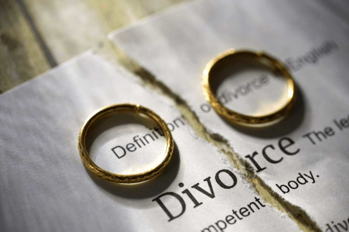 Two wedding rings on a piece of paper that says "Divorce"