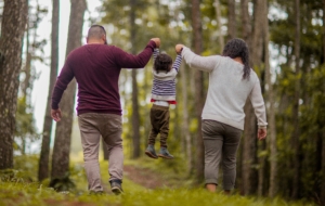A family walking in a forest