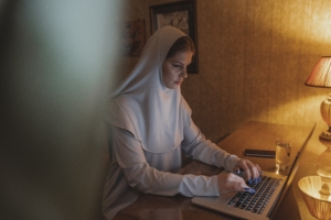 A woman working from home